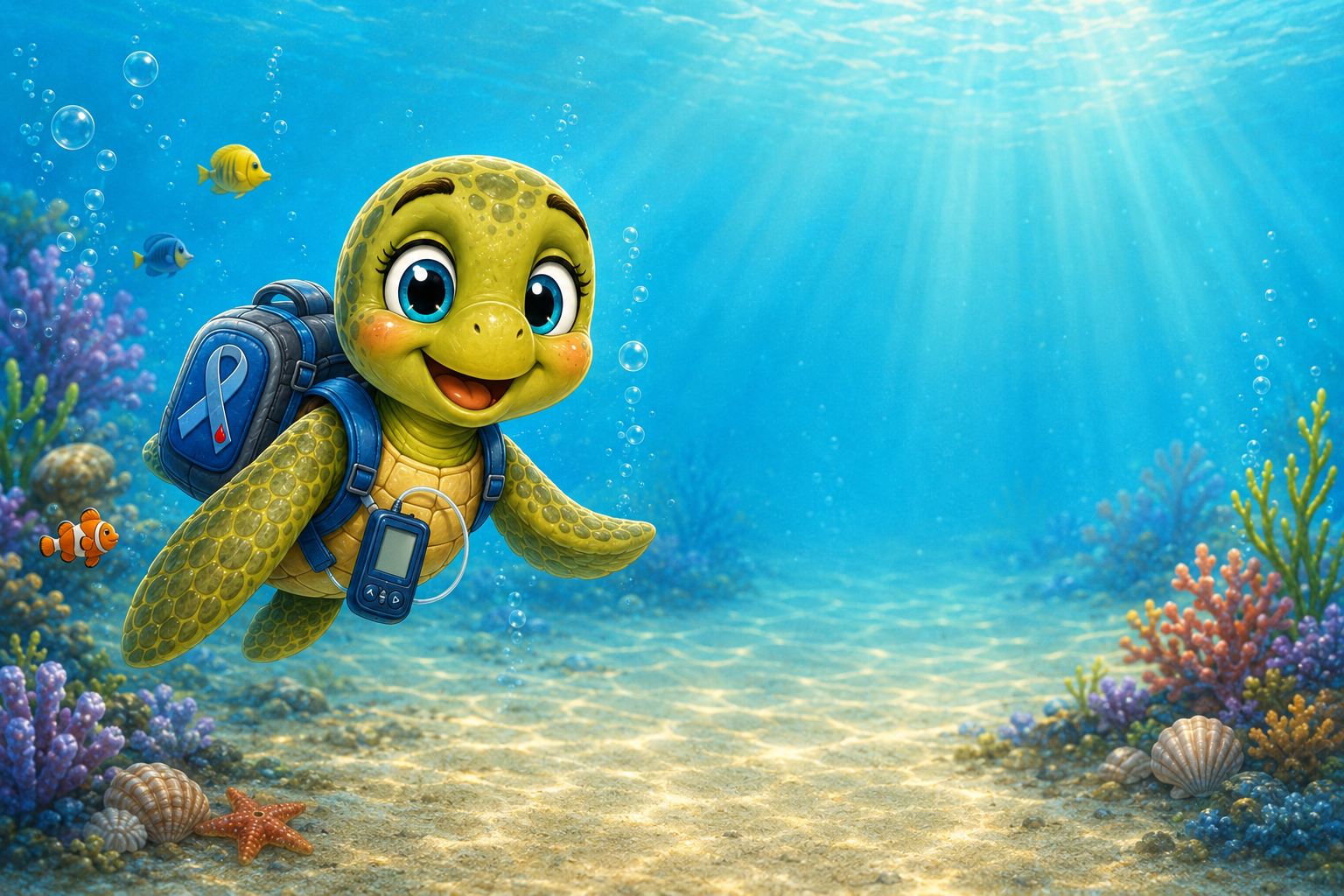 Lenny the brave sea turtle swimming underwater with his blue backpack and insulin pump